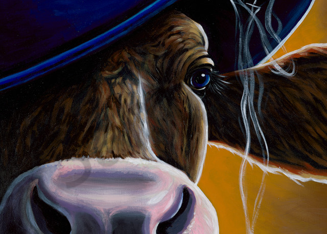 Painting of a cow wearing a hat and smoking
