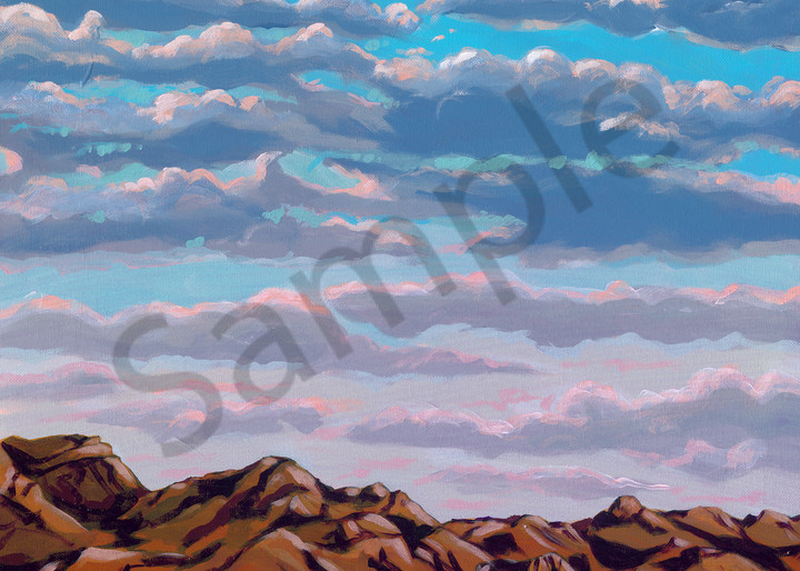 Paintings of the sun setting on the Terlingua, Texas landscape by John R. Lowery for sale as art prints.