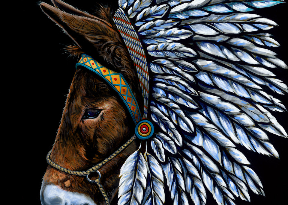 Painting of a mule wearing an indian headdress by John R. Lowery, available as art prints.