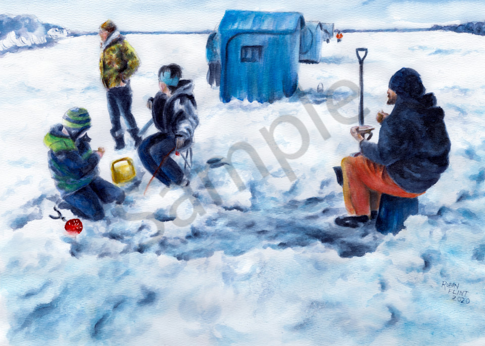 Minnesota Ice-Watercolor Painting of Ice Fishing 