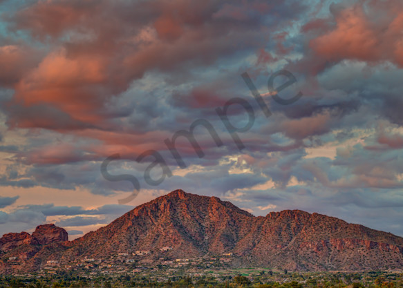 Phoenix Camelback Mountain Panoramic view pink and orange clouds
