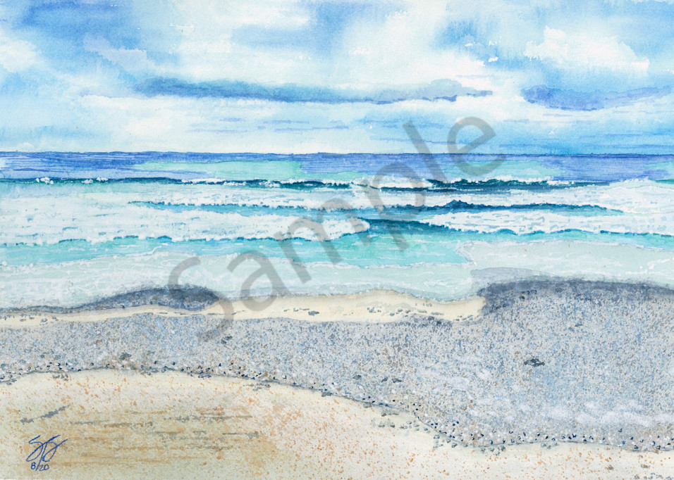 "Gloomy Day Beach Waves" - Watercolor Reproduction