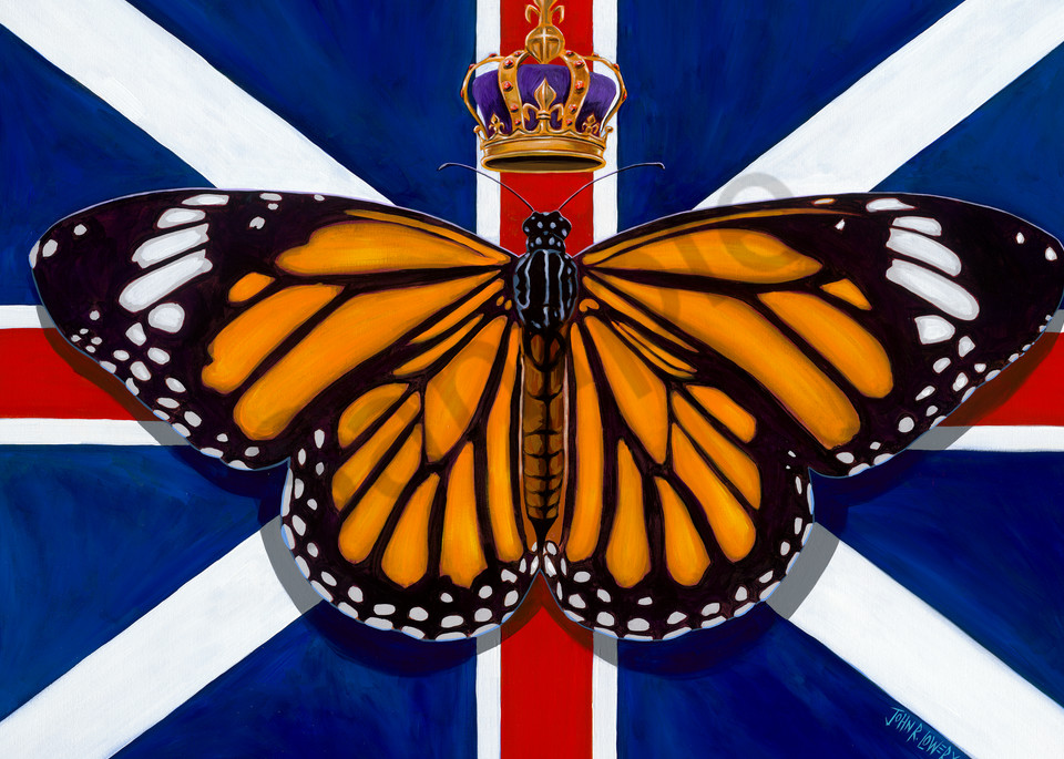 Original painting of a monarch butterfly and Union Jack flag for sale as art prints.