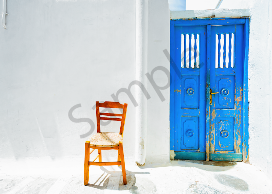 Art Print Mykonos Greece Blue Door and Chair