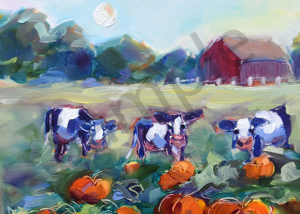 Bovine Pumpkin Time ~ Cows In The Pumpkin Patch Art | Sylvina Rollins Artist