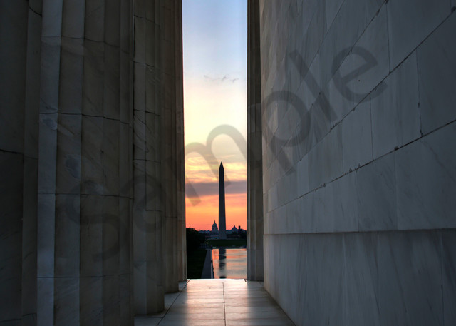 US Capitol and Washington Monument at sunrise from the Lincoln Memorial