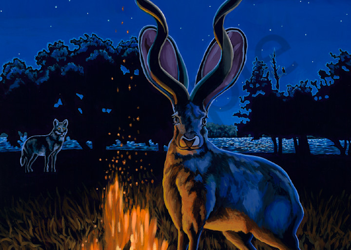 Fanciful paintings of campfires, jacklopes and other texas wildlife, by John R. Lowery sold as art prints.
