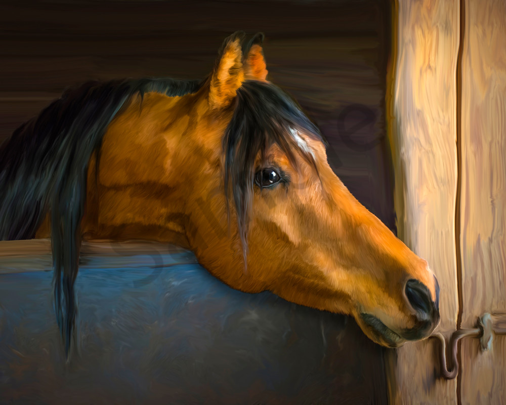 digital art painting of a Bay horse in a stall
