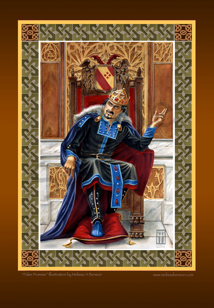 Role playing card game art of King Mark titled False Promise. This beautiful print has a digital Celtic border.