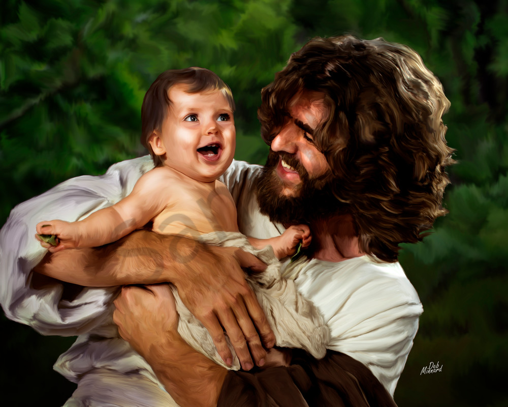 Christian Art, Digital Painting Of Joyous Jesus Laughing With A Baby