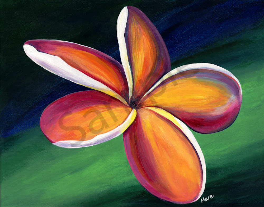 Original acrylic painting on canvas by Mary Anne Hjelmfelt titled Dancing Plumeria.
