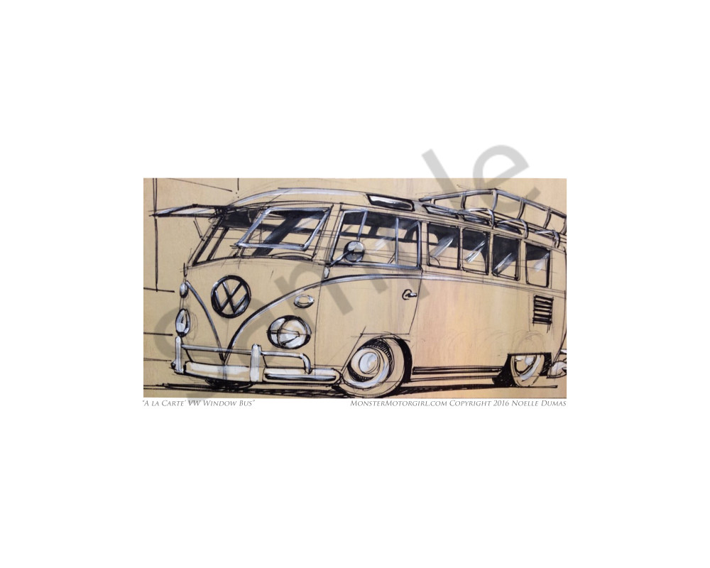 Vintage vw camper bus, original art work, drawing
