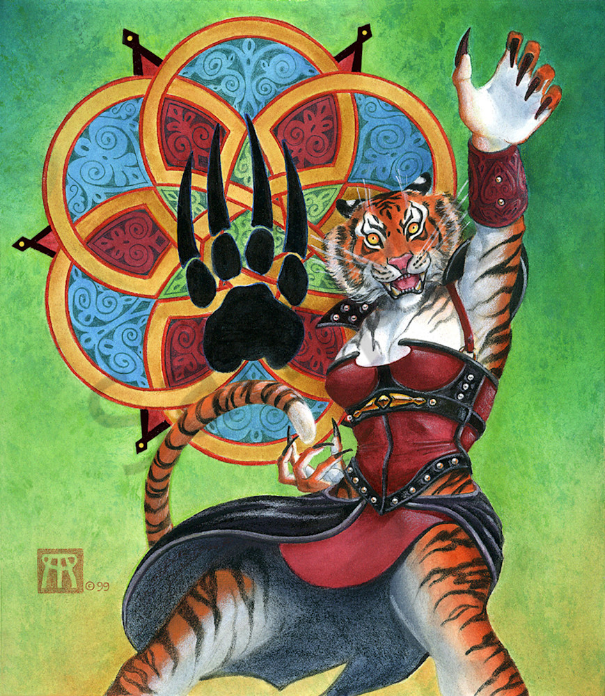 A female werecat stands in front of her clan symbol. 