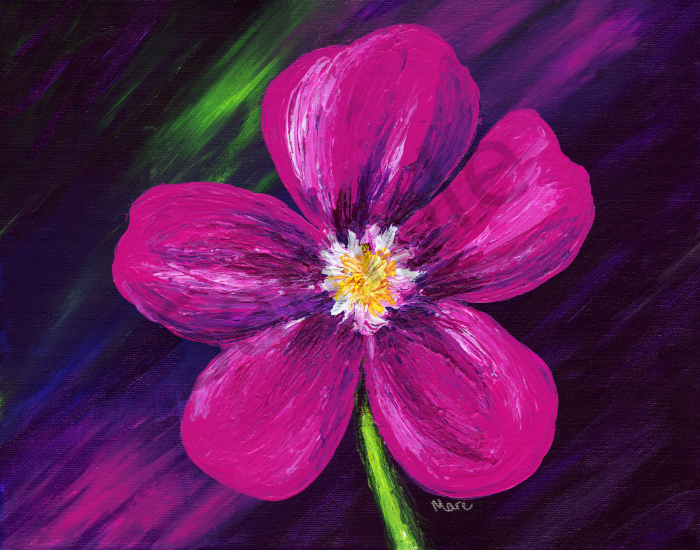 Blooming pink flower acrylic painting with metallic tones by artist Mary Anne Hjelmfelt. Blooming pink flower acrylic painting with metallic tones by artist Mary Anne Hjelmfelt.