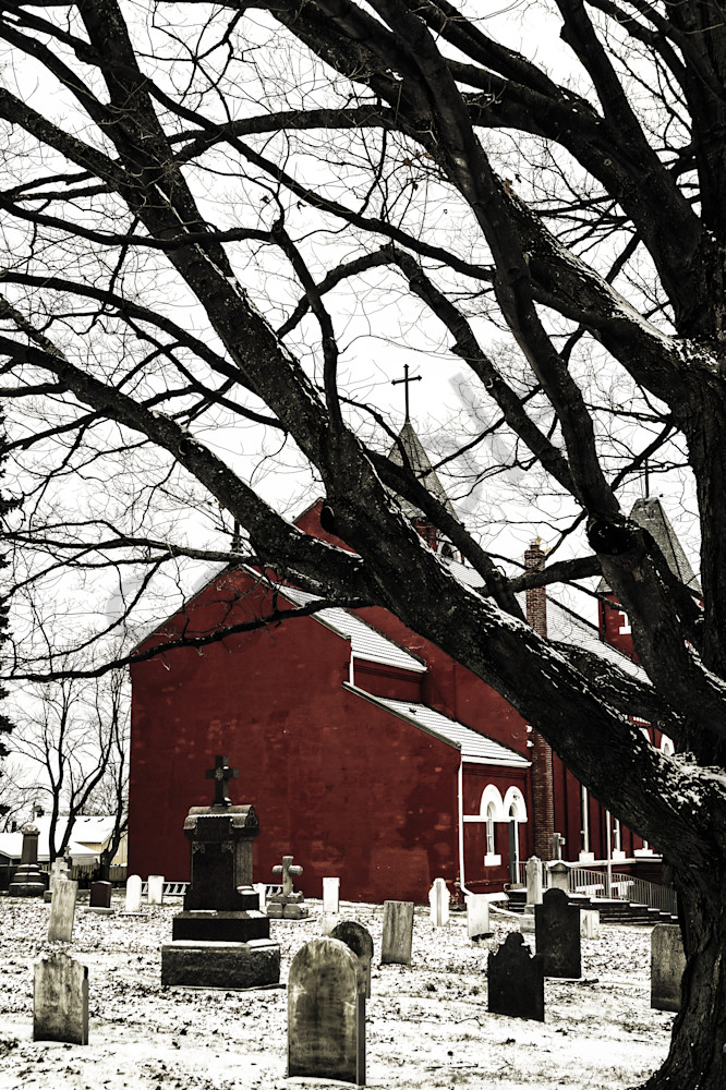 Color photograph of a burgundy red country church from rural Ontario, for sale as fine art by Sage & Balm