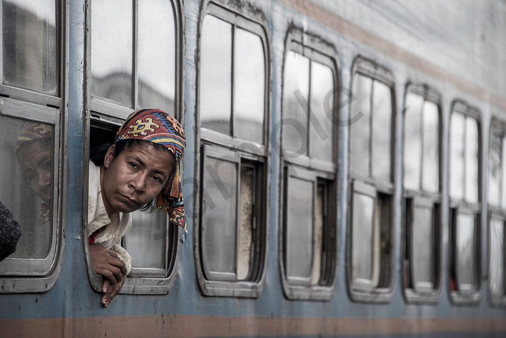 Woman With Head Scarf Leaning Out Old Train Window