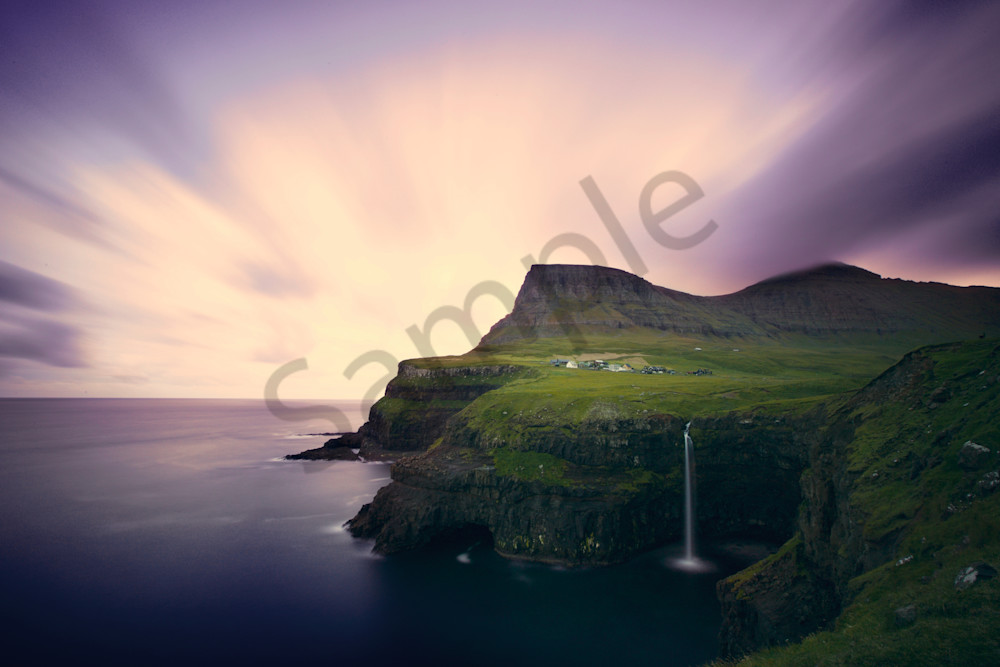  photography of a Village and the waterfall in the Faroe islands 