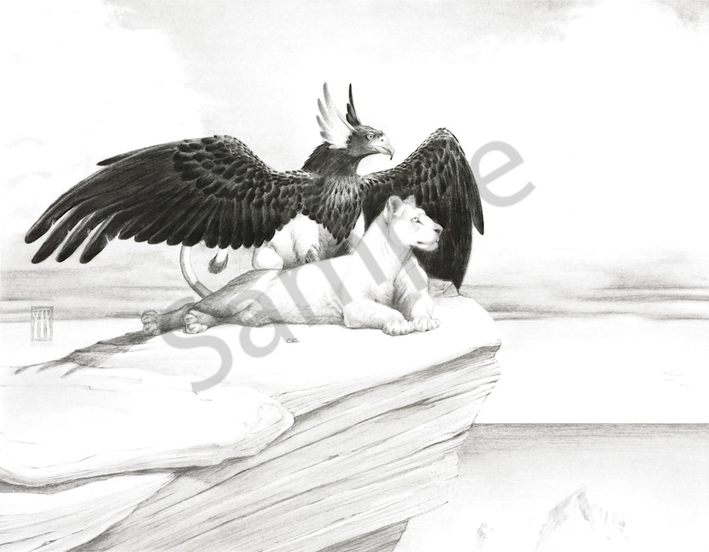 A griffin and lioness gaze out over the ocean together. This was an engagement gift the couple gave each other.