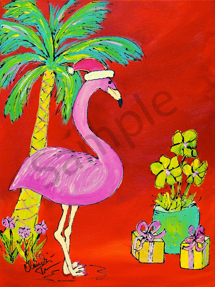 Christmas Flamingo - a print of Claudia True's original acrylic painting. 
