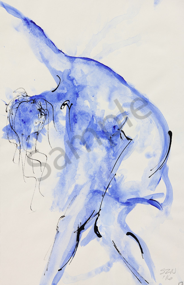 Twist and Shout is an acrylic & ink painting in blue. Art by Susan Kraft