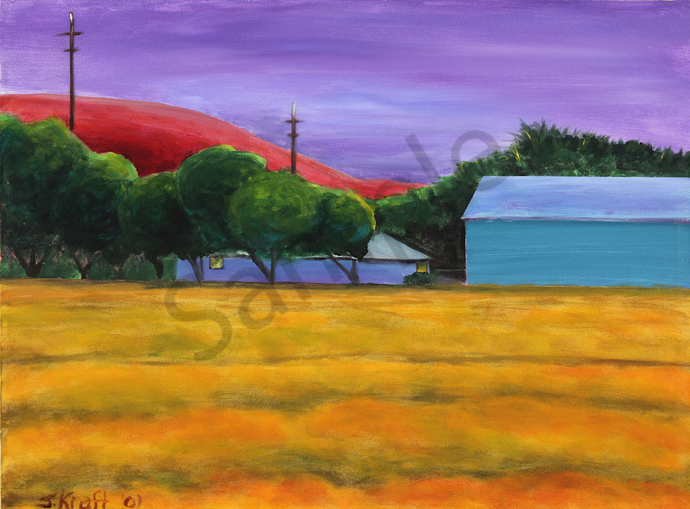 Rolling Hills is an acrylic painting of a golden field in front of blue farm buildings. Art by Susan Kraft