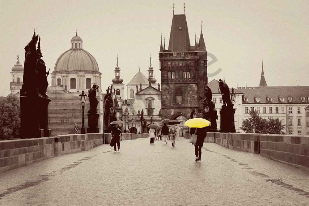 Lady with a Yellow Umbrella on Charles Bridge Prague photograph by Ivy Ho for sale as fine art