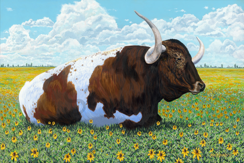 Painting of a longhorn laying in a field, for sale as art prints.