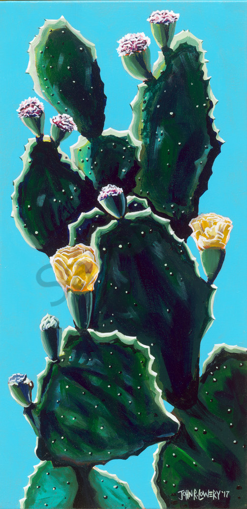 Colorful original painting of a Texas cactus by John R. Lowery, available as art prints.