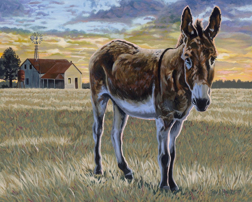 Original painting of a sunset with a donkey in the foreground, available as art prints.