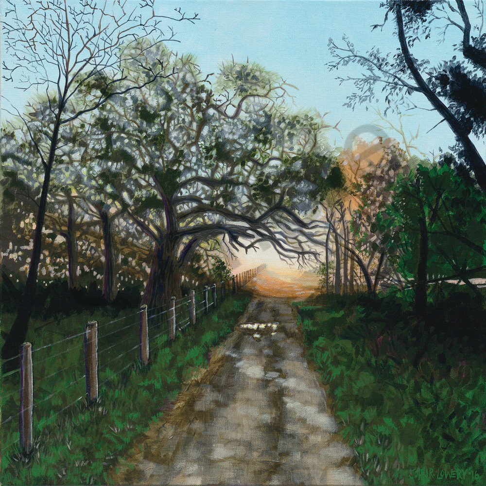 Painting of a sunrise along a dirt road available as art prints.