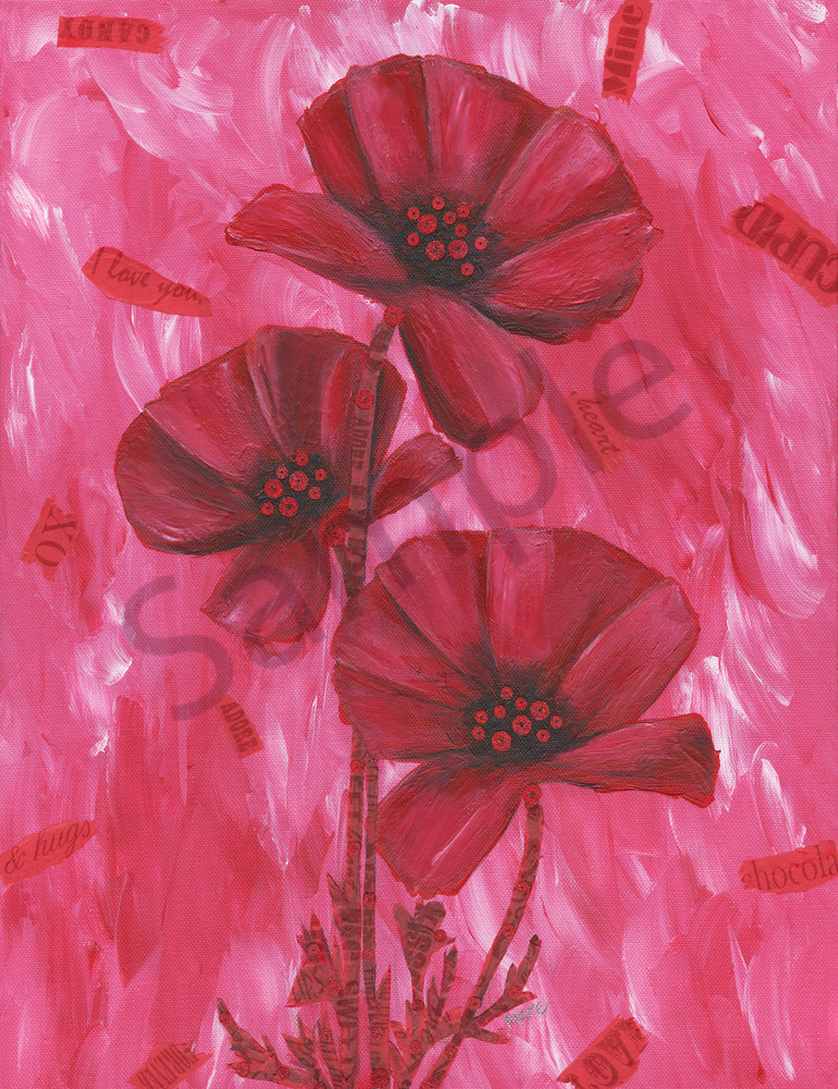 Poppy Love is bursting with reds, brushstrokes, sequins, and tissue paper love notes. Original mixed-media painting by Mary Anne Hjelmfelt.