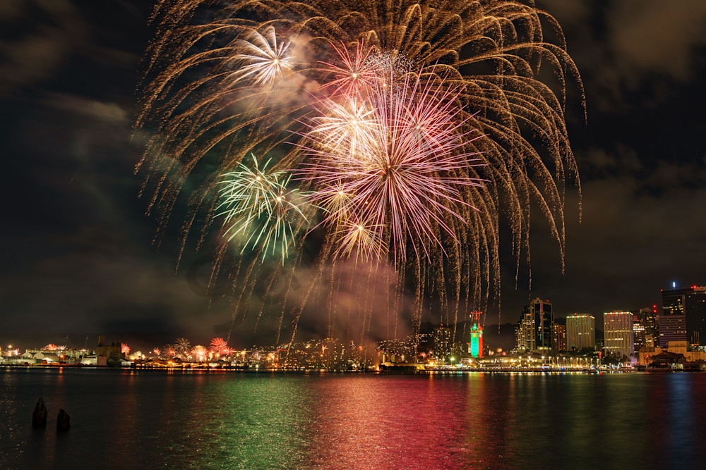 Hawaii Photography Honolulu Harbor New Year Firework by Peter Tang