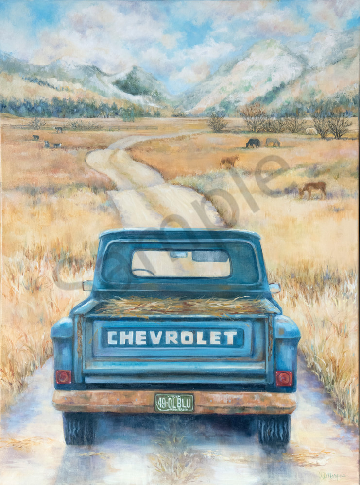 A painting of a blue chevy with hay in the bed on the way to feed the livestock
