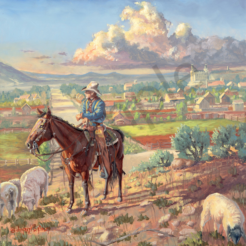 Cowboy herding sheep in historic Manti Utah prints
