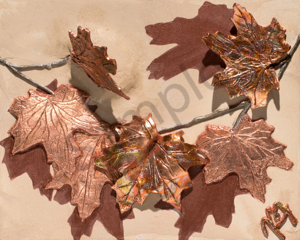 "The Colors of Life II, Autumn" bas relief in metallic plaster and copper gilded leaf fine art for sale.