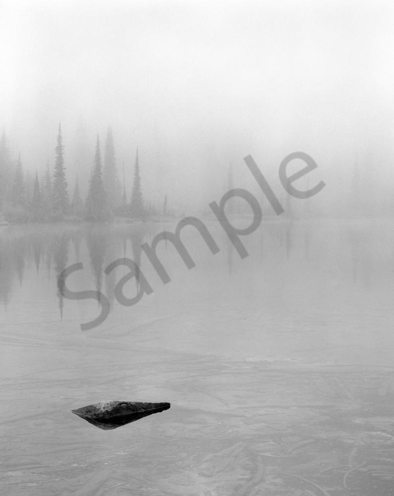 Fog shrouded Louise Lake in Mt. Rainier National Park, Washington