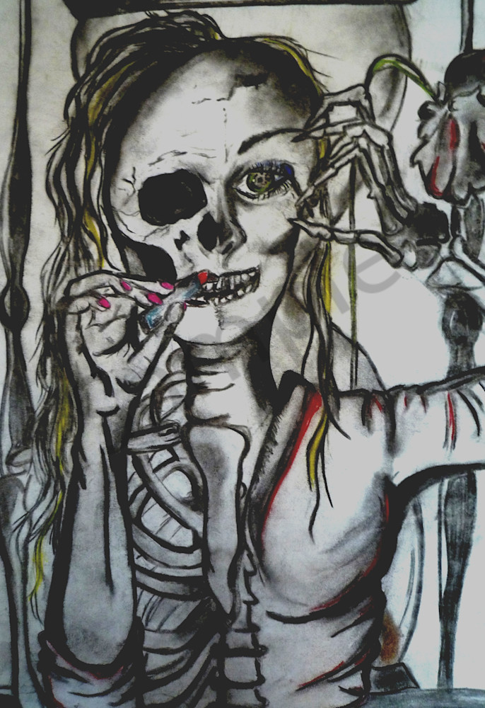 Artwork of woman transforming into a skeleton whilst putting on makeup. 