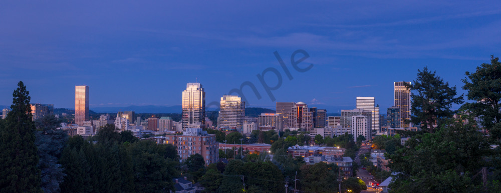 Panoramic view of the Portland skyline and Mt. Hood in the evening, Portland Oregon