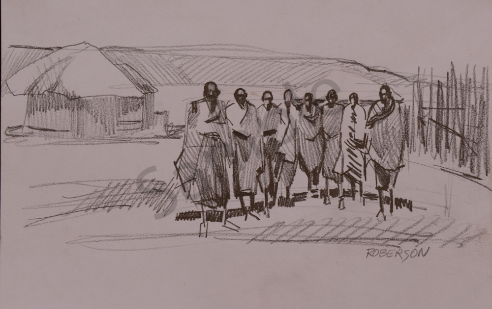 Eight Maasai Warriors In Village Art | Mary Roberson