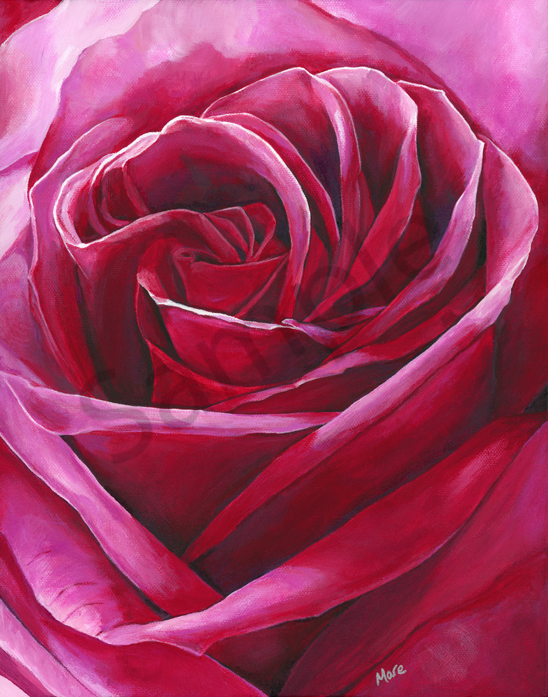 A close up artsy view of red rose petals painted with acrylic on canvas by artist Mary Anne Hjelmfelt titled "Intimate".