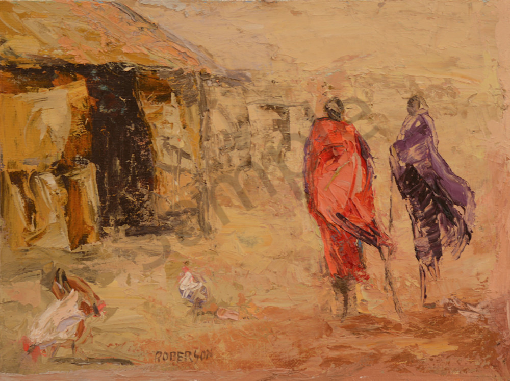 Two Maasai In Village With Chickens  Art | Mary Roberson