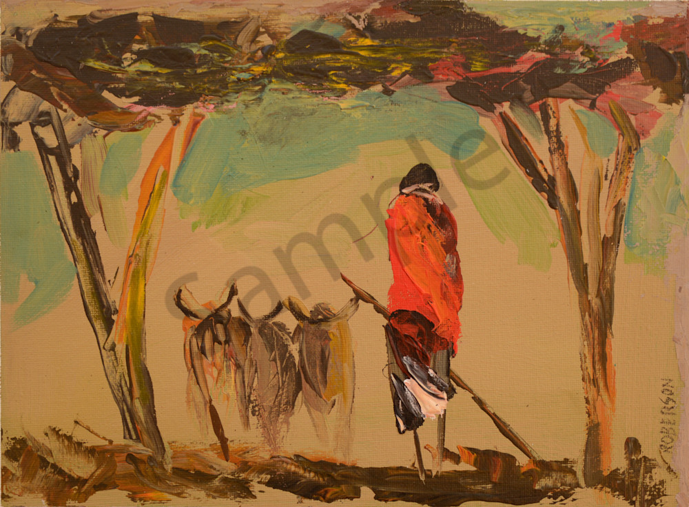 Maasai With Cattle And Two Acacia Trees  Art | Mary Roberson