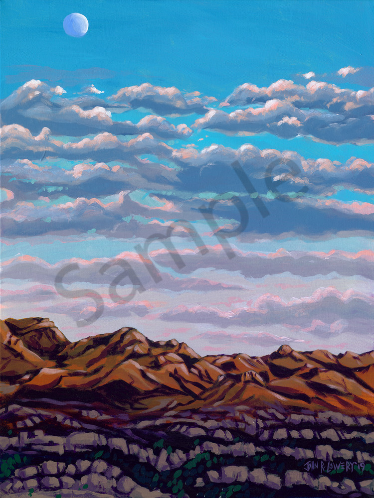 Paintings of the sun setting on the Terlingua, Texas landscape by John R. Lowery for sale as art prints.