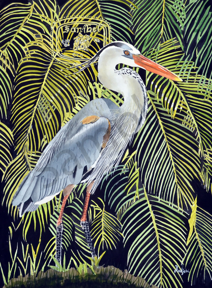 A painting of a Sanibel Blue Heron with Areca Palms in the background