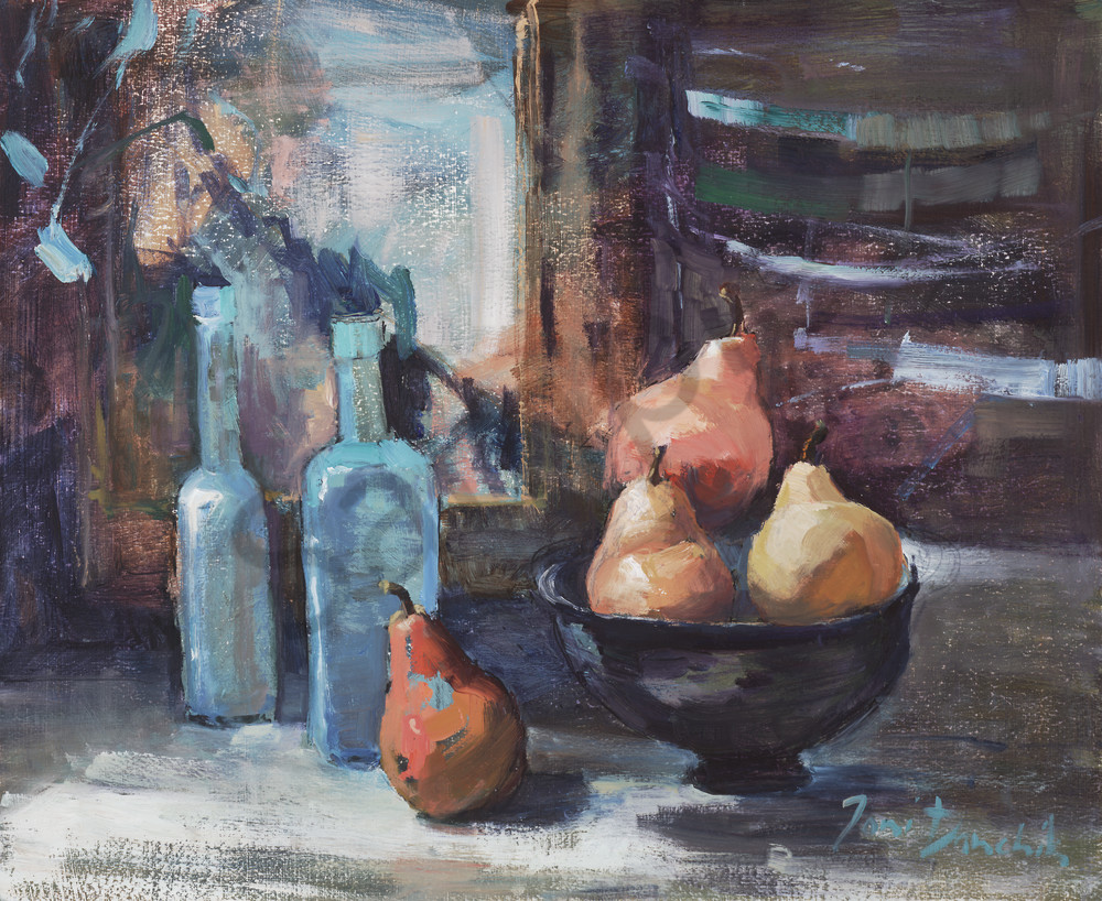Blue Bottles And Pears Art | Toni Danchik Fine Art