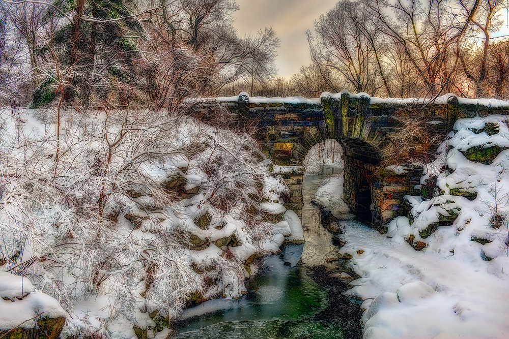 Snow-covered bridge in Central Park