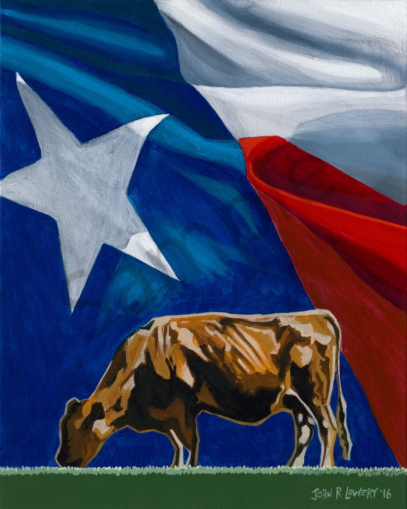 Colorful cow and Texas flag paintings by John R. Lowery, sold as art prints.