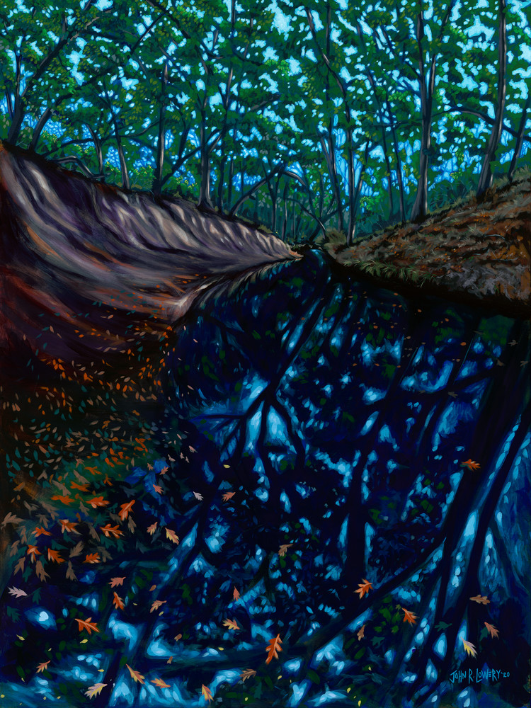 Original painting of a Texas creek bed with falling leaves, available as art prints.