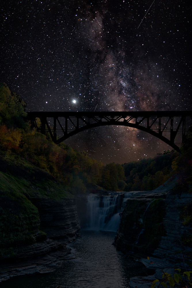 Upper Falls in Letchworth and Milky Way (composite)