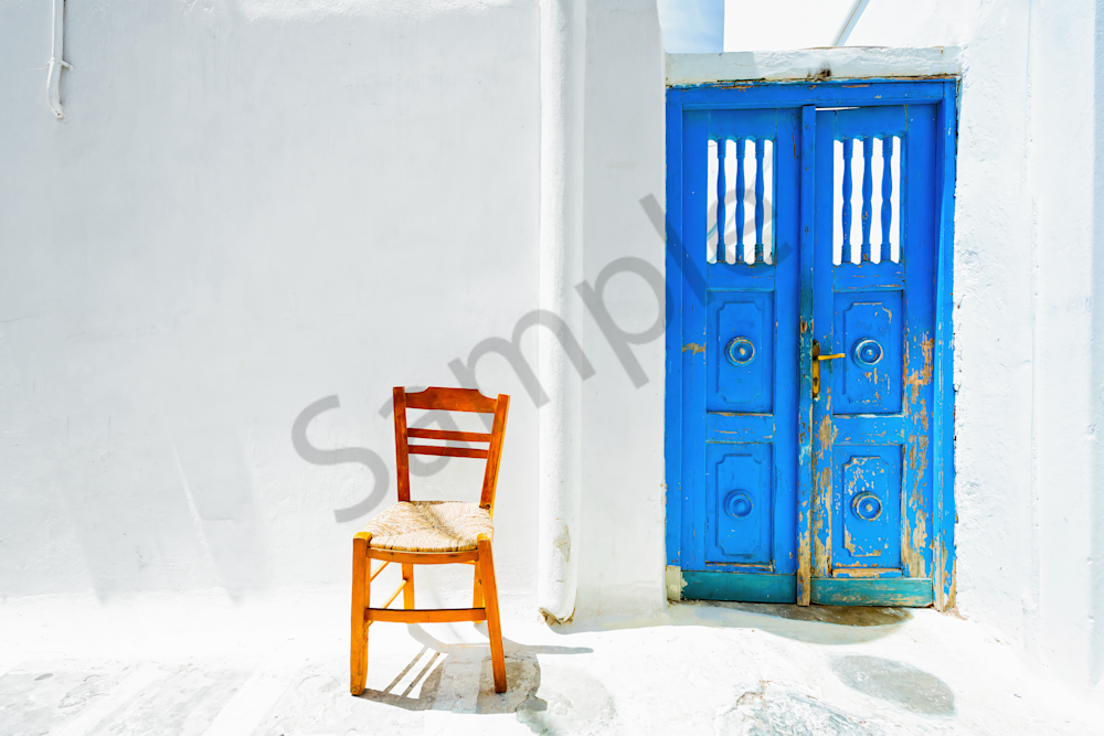 Art Print Mykonos Greece Blue Door and Chair